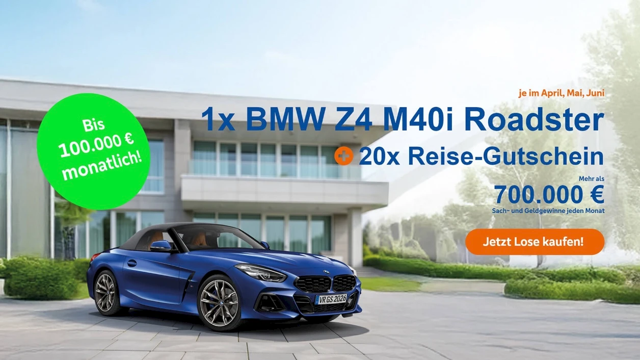 Bild eines BMW Z4. Der BMW ist der Sondergewinn in den Monaten April, Mai und Juni.