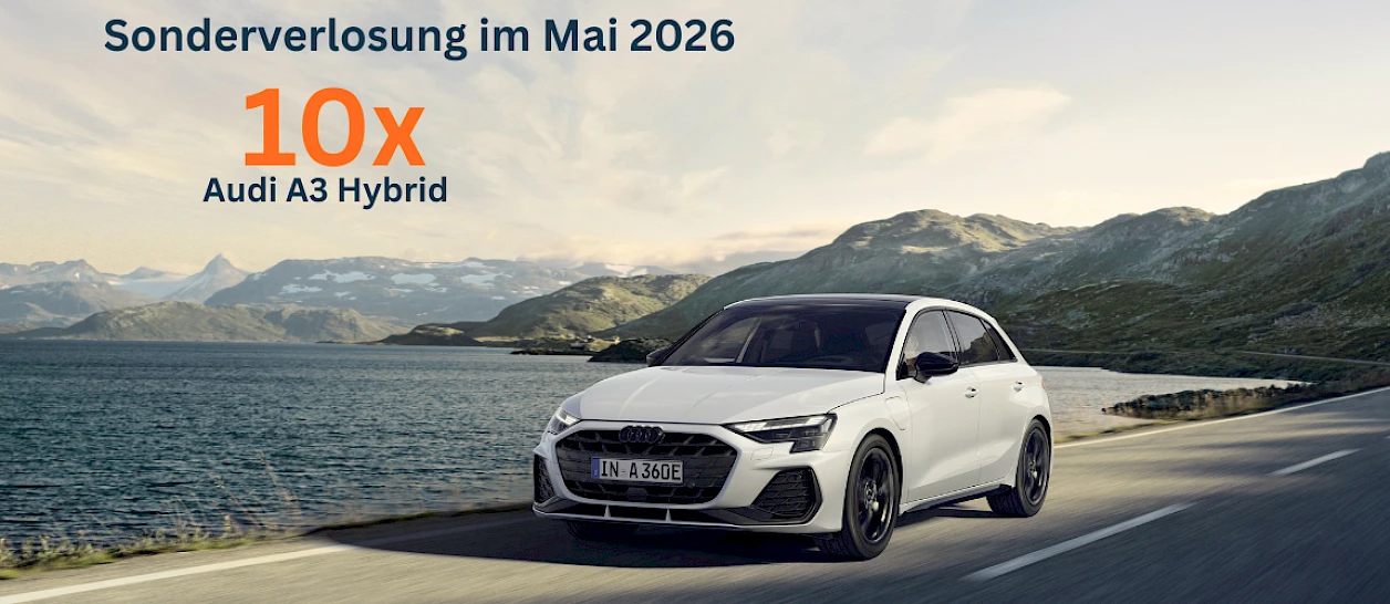 Sonderverlosung im Mai 2026: 10× Audi A3 Hybrid. Weißer Audi A3 Hybrid fährt auf einer Uferstraße vor Berg- und Seelandschaft.