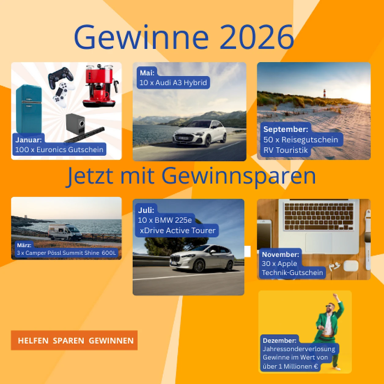 Ein fröhlicher Mann im grünen Anzug und mit Sonnenbrille jubelt vor gelbem Hintergrund. Daneben steht der Text „Mega-Hauptgewinn 100.000 €“ sowie „insgesamt Gewinne im Wert von über 1 Million €“. Unten befindet sich ein roter Balken mit der Aufschrift „Sonderverlosung Dezember 2025“.